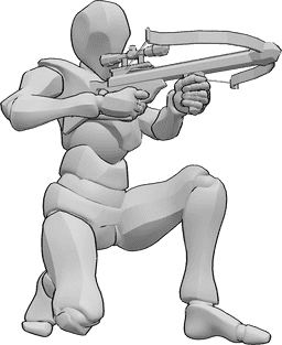 Pose Reference- Crossbow squatting aiming pose - Male is squatting, holding the crossbow with both hands and aiming