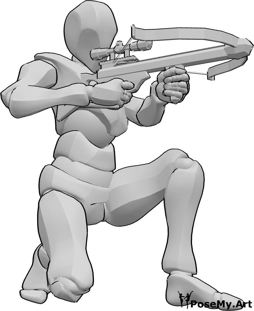 Pose Reference- Crossbow squatting aiming pose - Male is squatting, holding the crossbow with both hands and aiming