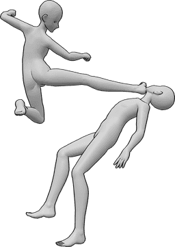 Référence des poses- Pose d'attaque du coup de pied de tête - Un homme blanc attaque l'autre homme, lui donnant des coups de pied à la tête.