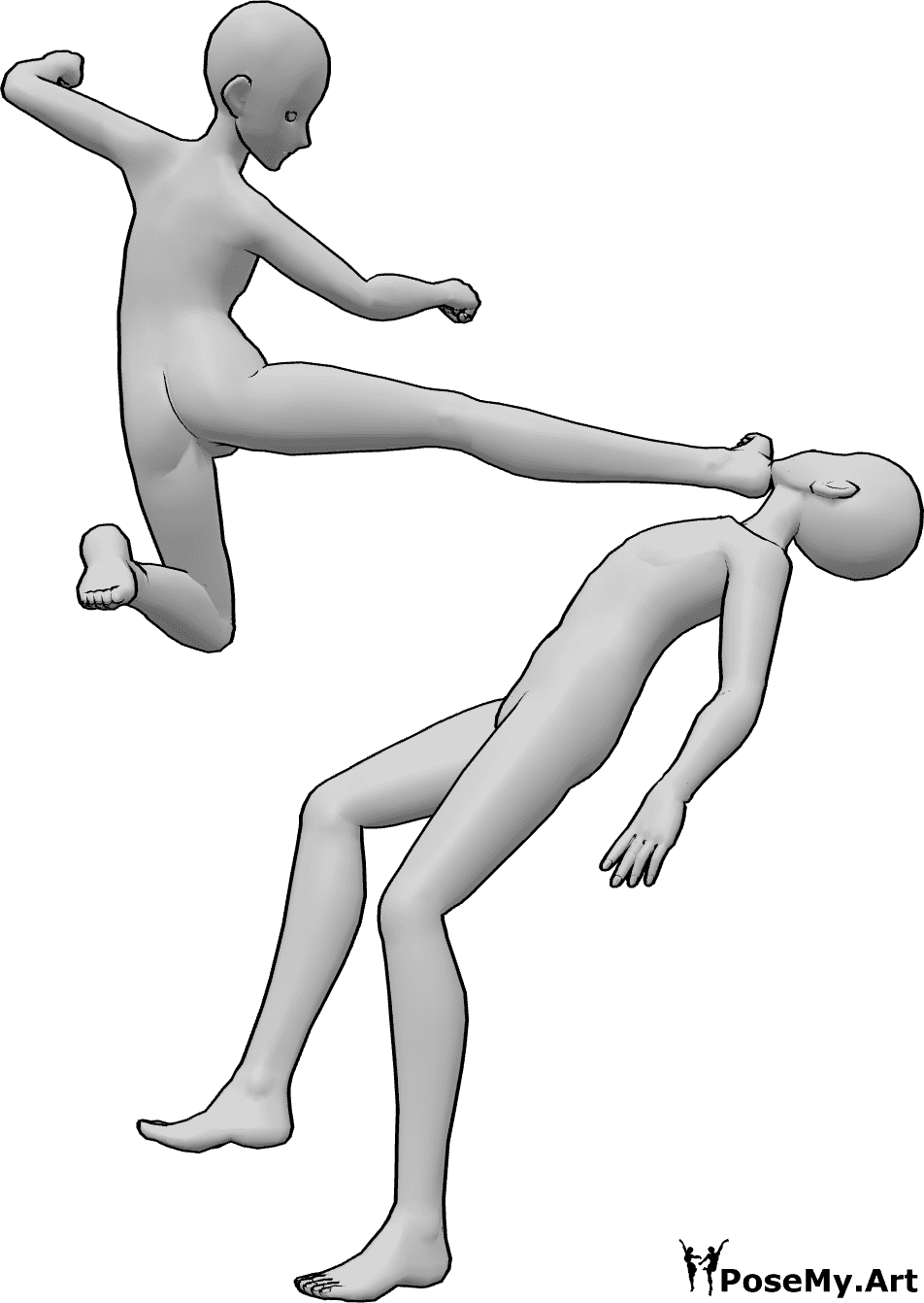 Référence des poses- Pose d'attaque du coup de pied de tête - Un homme blanc attaque l'autre homme, lui donnant des coups de pied à la tête.