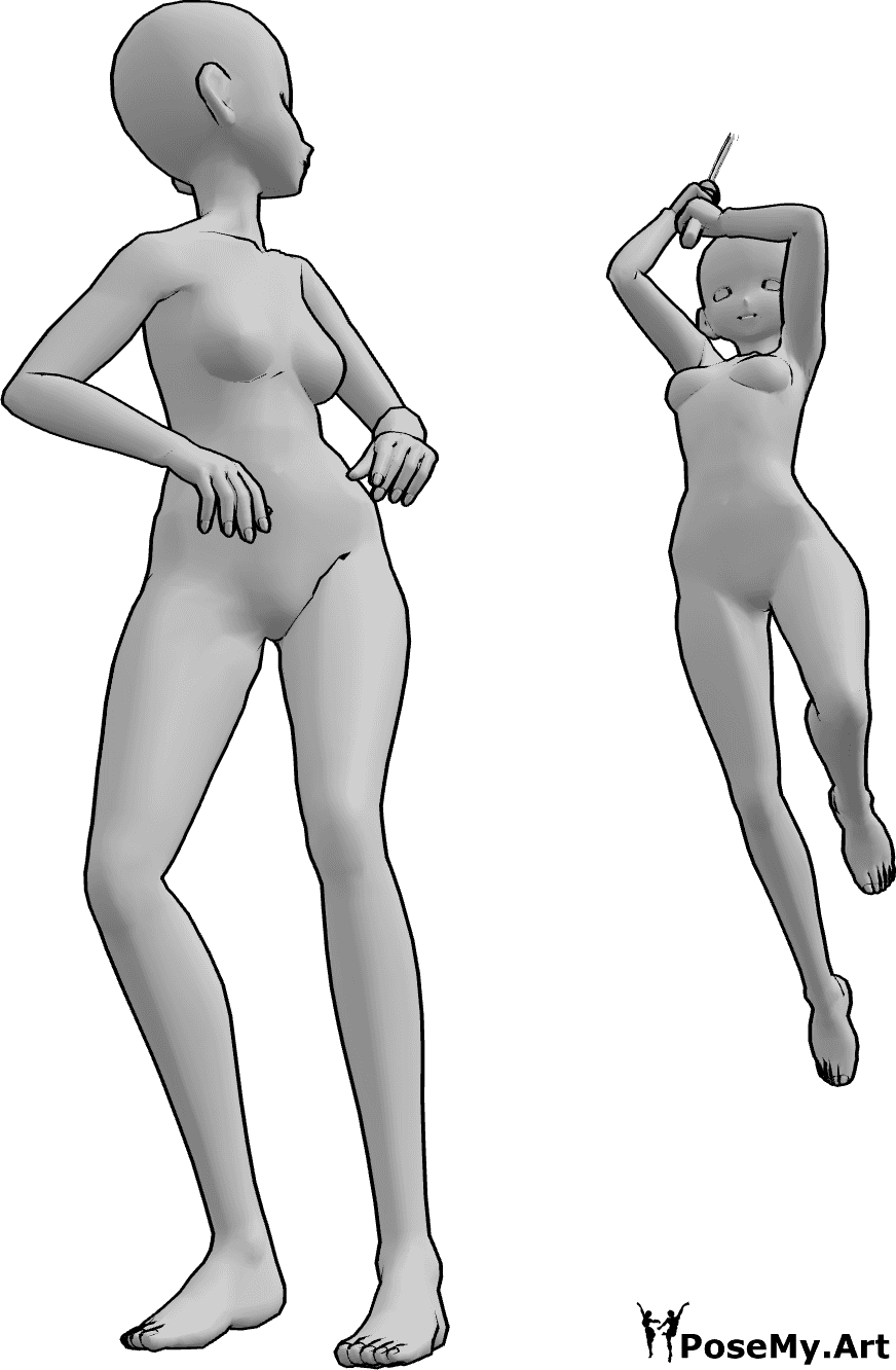 Referencia de poses- Anime femenino pose de ataque - Una mujer anime ataca por la espalda, saltando para golpear con su katana.
