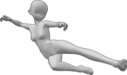 Riferimento alle pose- Posa d'attacco con calcio laterale - Anime femmina sta saltando e facendo un calcio laterale in aria, anime posa di attacco