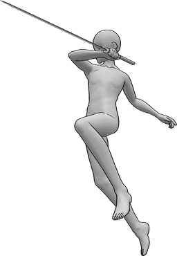 Riferimento alle pose- Posa d'attacco della katana - Maschio anonimo che attacca, saltando in alto per pugnalare con la katana nella mano destra.