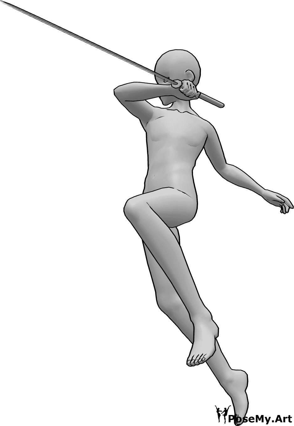 Referencia de poses- Postura de ataque con katana - Hombre anime está atacando, saltando alto para apuñalar con su katana en la mano derecha