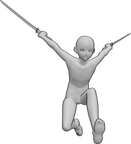 Posen-Referenz- Anime Ninja Angriff Pose - Anime-Männchen springt, hält Katanas in beiden Händen und ist im Begriff, anzugreifen