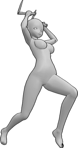 Posen-Referenz- Anime kama Angriff Pose - Anime-Frau greift mit zwei Kamas an, springt hoch und hebt die Hände zum Stechen