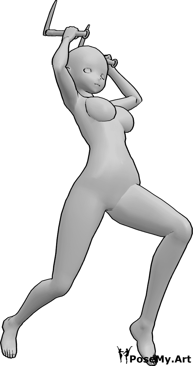 Posen-Referenz- Anime kama Angriff Pose - Anime-Frau greift mit zwei Kamas an, springt hoch und hebt die Hände zum Stechen