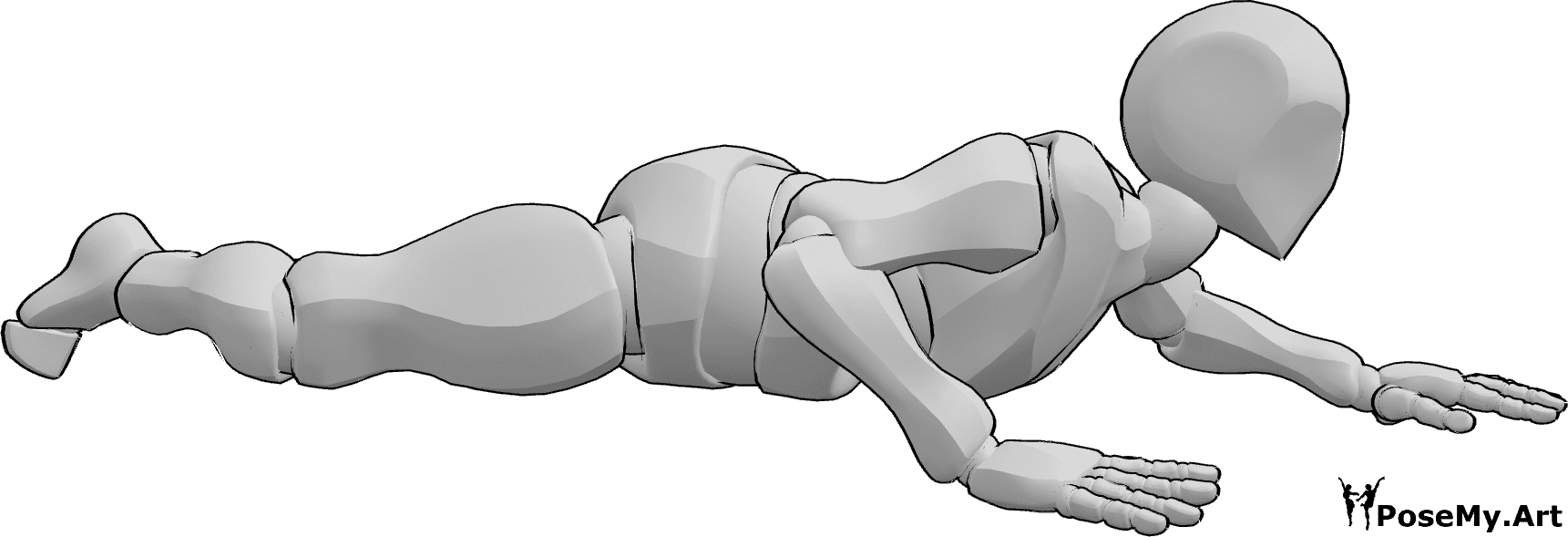 Referência de poses- Pose masculina de barriga rastejante - O macho está a rastejar de barriga para baixo, perto do chão, em pose de rastejamento
