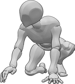 Référence des poses- Rampant en cherchant la pose de droite - L'homme rampe sur les genoux et les paumes et regarde vers la droite.