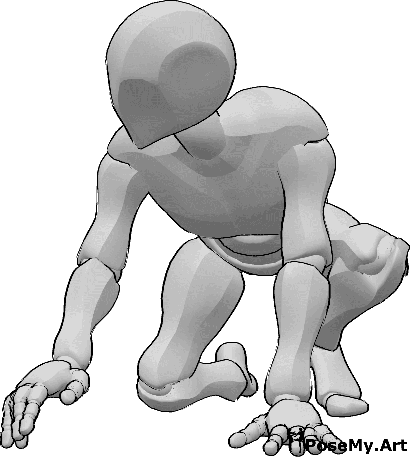 Référence des poses- Rampant en cherchant la pose de droite - L'homme rampe sur les genoux et les paumes et regarde vers la droite.