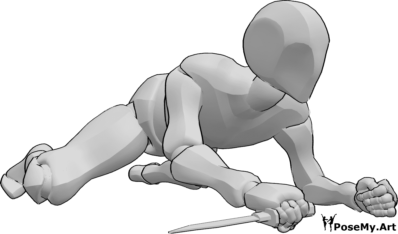 Pose Reference- Crawling holding knife pose - Male is crawling and holding a knife in his right hand