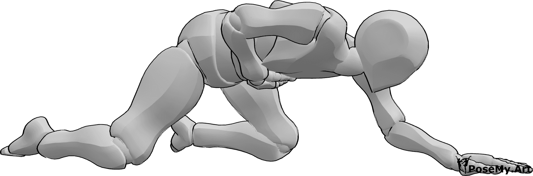 Posen-Referenz- Verletzte Krabbelposen - Der verletzte Mann hält sich den Bauch und krabbelt auf den Knien