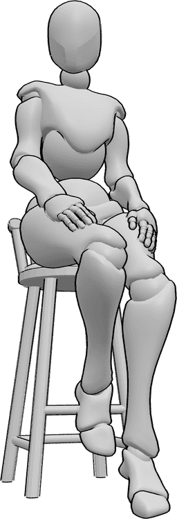 Referencia de poses- Postura de taburete de bar sentado - Mujer sentada despreocupadamente en el taburete de la barra y mirando a la derecha.