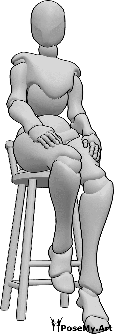 Referencia de poses- Postura de taburete de bar sentado - Mujer sentada despreocupadamente en el taburete de la barra y mirando a la derecha.