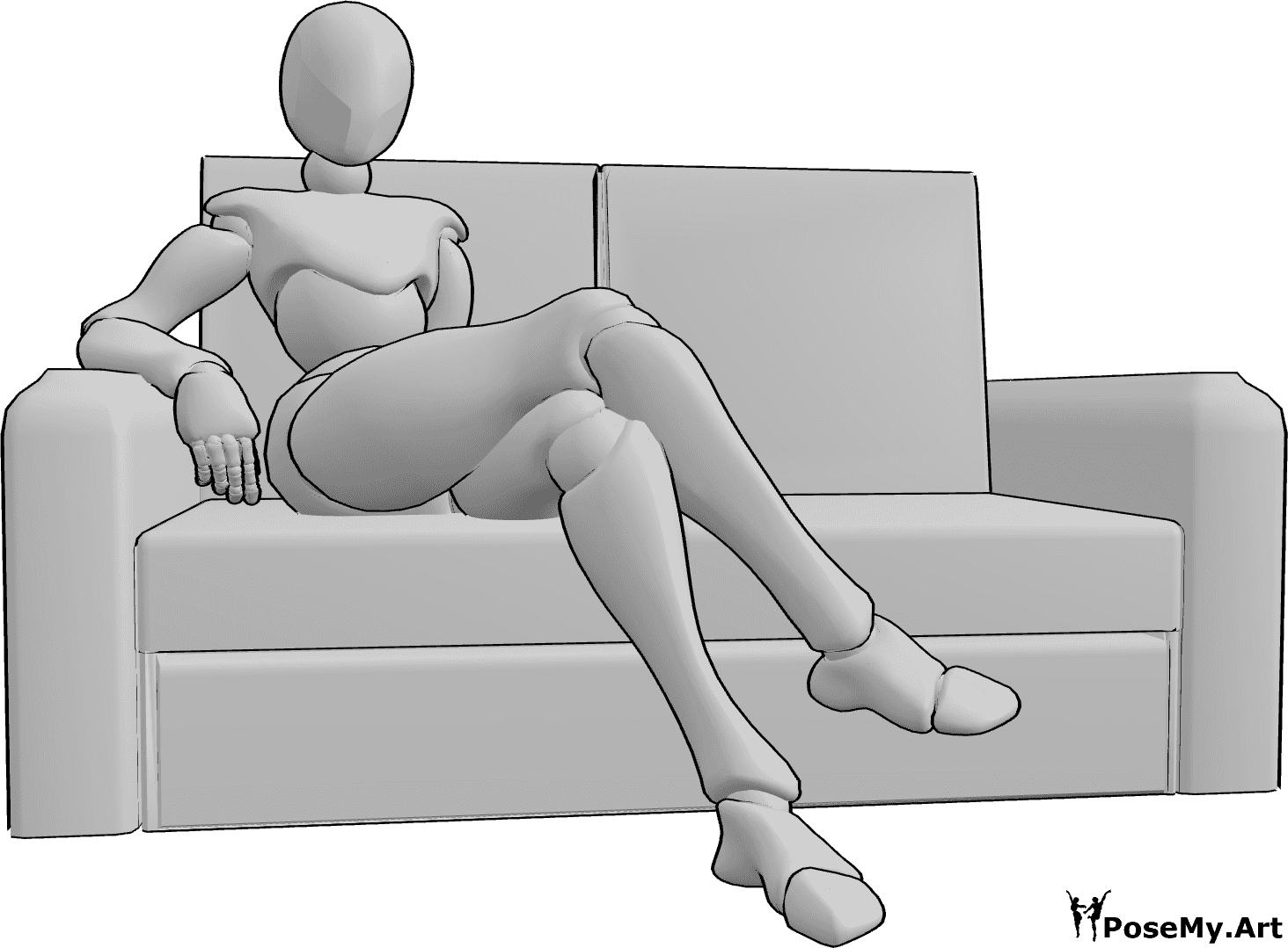 Posen-Referenz- Bequem sitzende Couch-Pose - Die Frau sitzt bequem mit gekreuzten Beinen auf der Couch