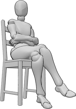 Referencia de poses- Postura de la silla sentada - La mujer está sentada en la silla con los brazos y las piernas cruzados, mirando a la derecha.