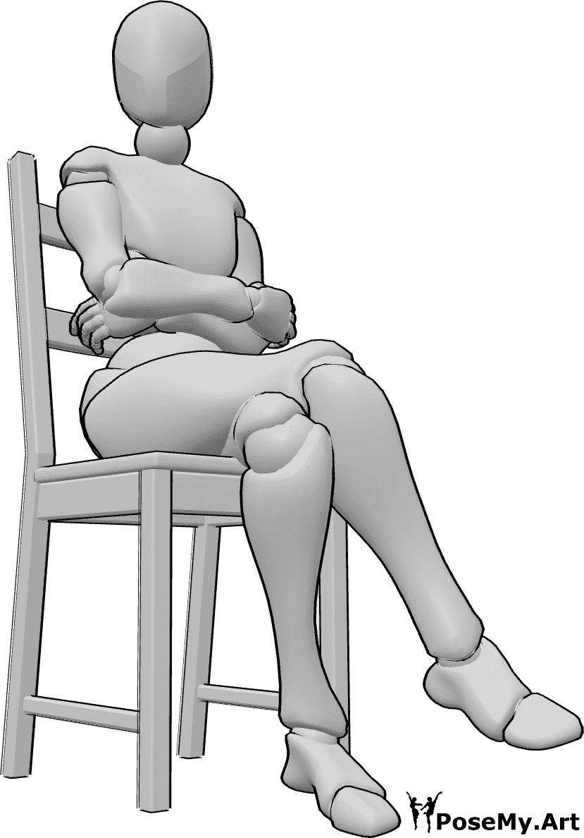 Posen-Referenz- Sitzender Stuhl Pose - Die Frau sitzt mit gekreuzten Armen und Beinen auf dem Stuhl und schaut nach rechts.