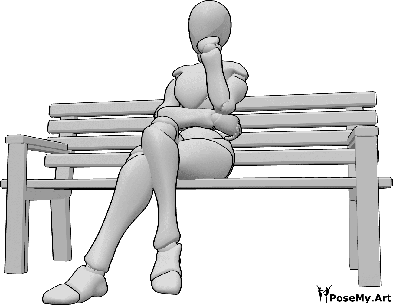 Referência de poses- Pose do banco sentado - A mulher está sentada no banco com as pernas cruzadas