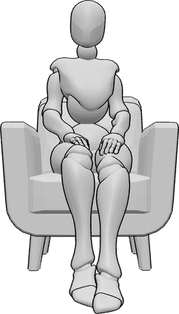 Referência de poses- Pose da poltrona sentada - A mulher está sentada no cadeirão, apoiando as mãos nas coxas