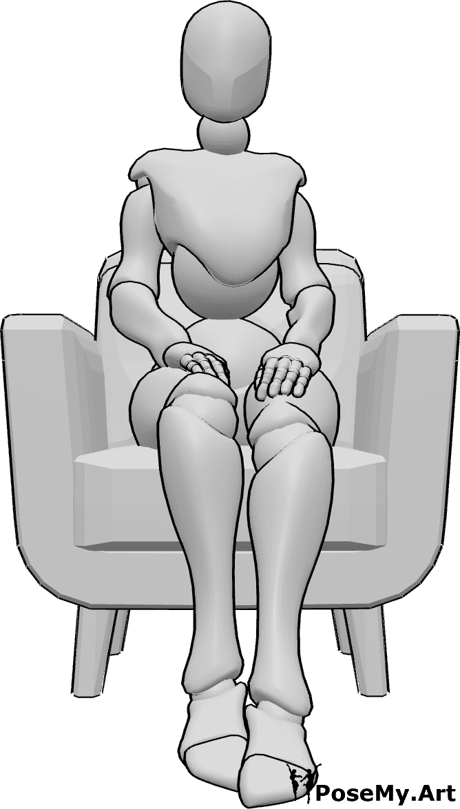 Référence des poses- Pose du fauteuil assis - La femme est assise dans le fauteuil, les mains posées sur les cuisses.