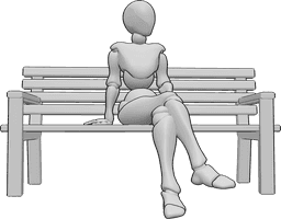 Referencia de poses- Postura sentada con las piernas cruzadas - Mujer sentada en el banco con las piernas cruzadas y mirando a la izquierda.