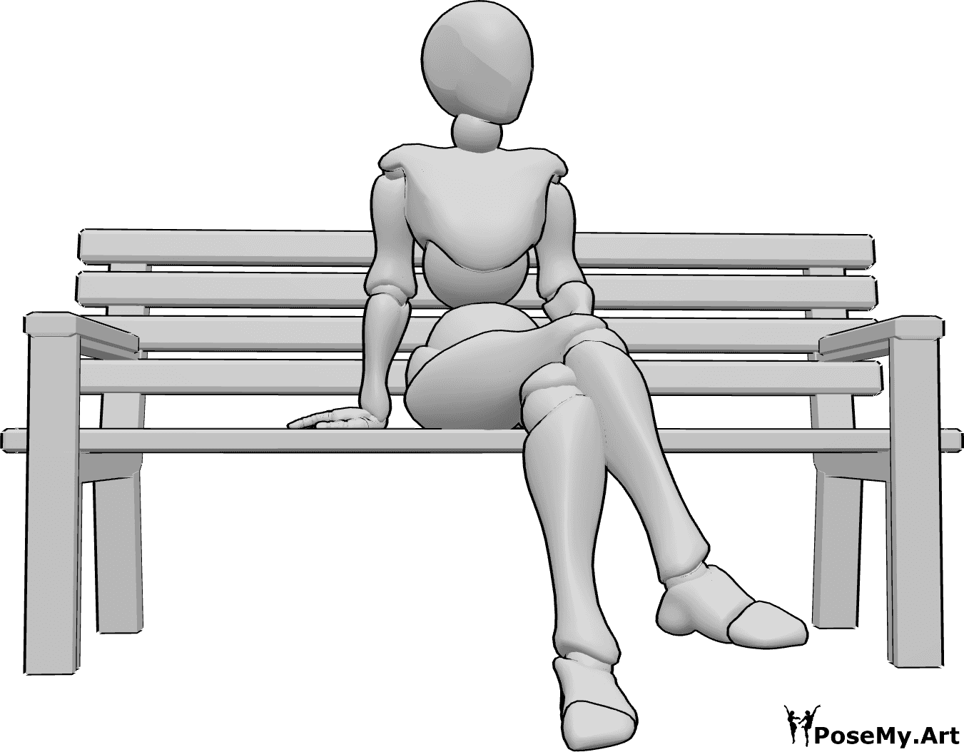 Referência de poses- Postura sentada com as pernas cruzadas - A mulher está sentada no banco com as pernas cruzadas e a olhar para a esquerda