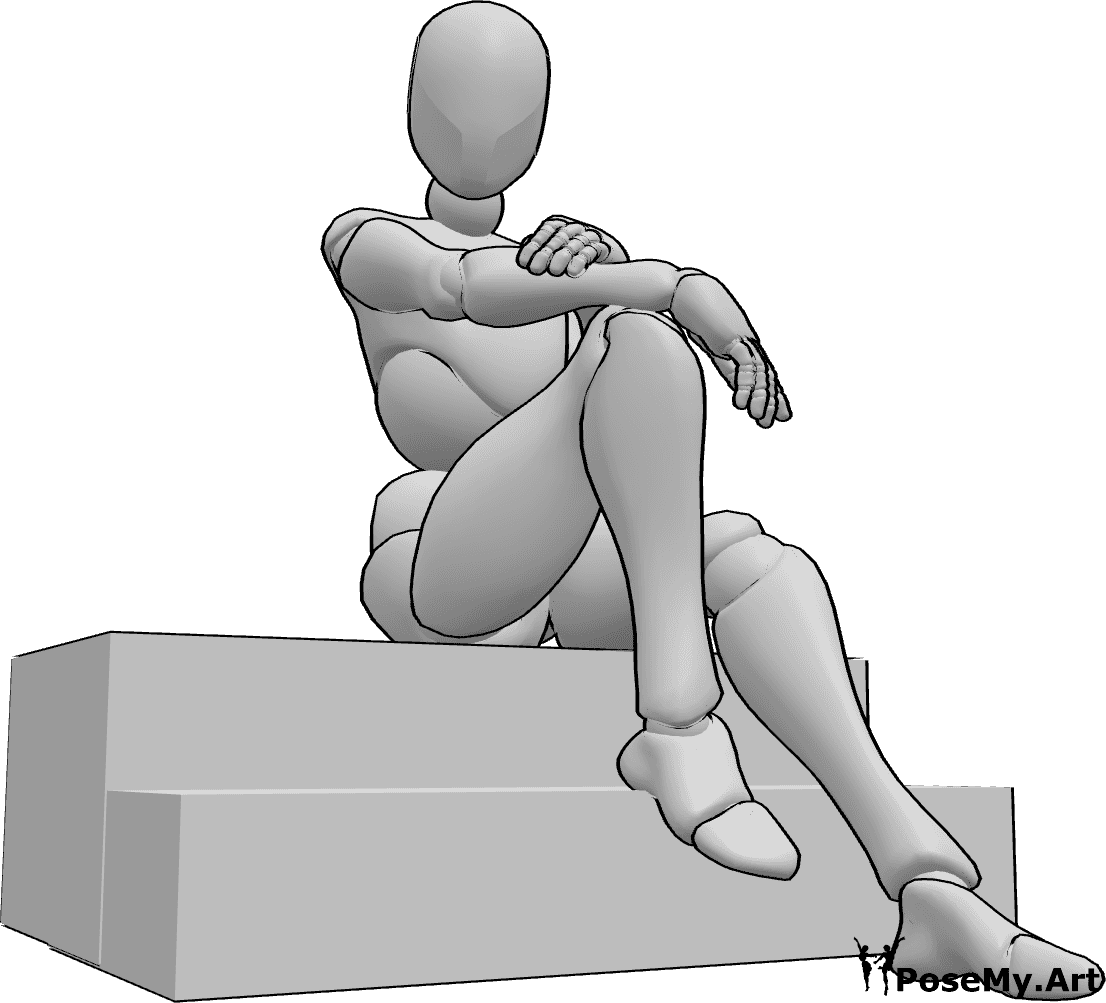 Referência de poses- Pose da escada sentada - A mulher está sentada nas escadas, apoiando as mãos no joelho