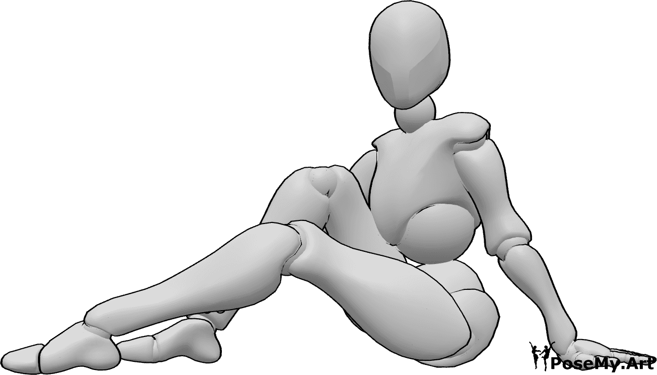 Pose Reference- Female sitting pose - Female is sitting on the floor and posing, leaning on her left hand