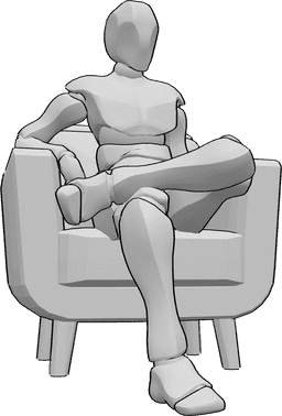 Riferimento alle pose- Posizione seduta in poltrona - L'uomo è comodamente seduto in poltrona con le gambe incrociate