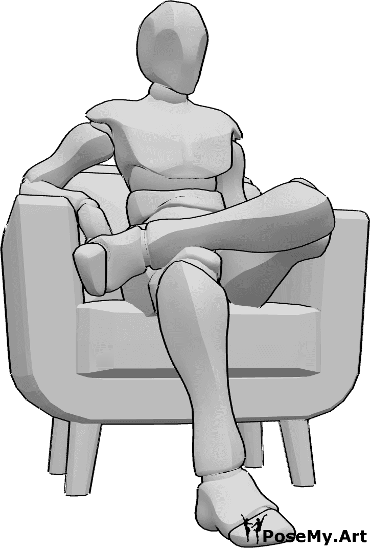 Référence des poses- Pose assise dans un fauteuil - L'homme est assis confortablement dans le fauteuil, les jambes croisées.