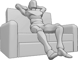 Riferimento alle pose- Posizione seduta sul divano - L'uomo è comodamente seduto sul divano e si stiracchia le gambe e le braccia.