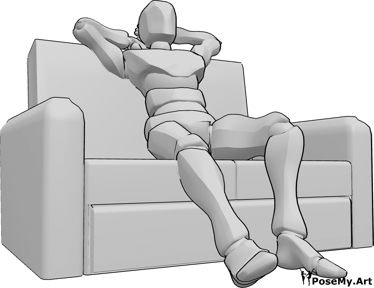Référence des poses- Pose assise sur le canapé - L'homme est confortablement assis sur le canapé et s'étire les jambes et les bras.