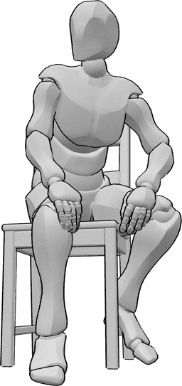 Referencia de poses- Postura sentada en la silla - El varón está sentado en la silla y mira hacia la derecha, tiene las manos sobre las rodillas