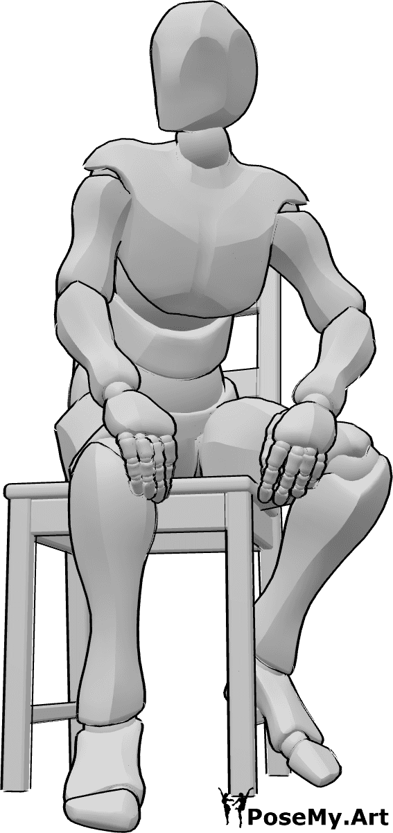 Referência de poses- Pose da cadeira sentada - O homem está sentado na cadeira e olha para a direita, com as mãos nos joelhos