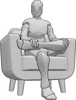 Riferimento alle pose- Posizione seduta a gambe incrociate - L'uomo è seduto in poltrona con le gambe incrociate e si tiene la caviglia.