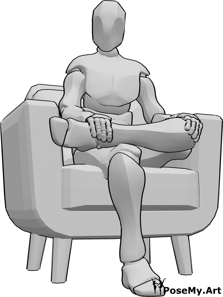 Posen-Referenz- Sitzende Pose mit gekreuzten Beinen - Mann sitzt mit gekreuzten Beinen im Sessel und hält sich den Knöchel.