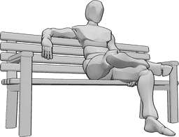 Riferimento alle pose- Posizione seduta su panca - L'uomo è comodamente seduto sulla panchina con le gambe incrociate e lo sguardo rivolto in avanti.