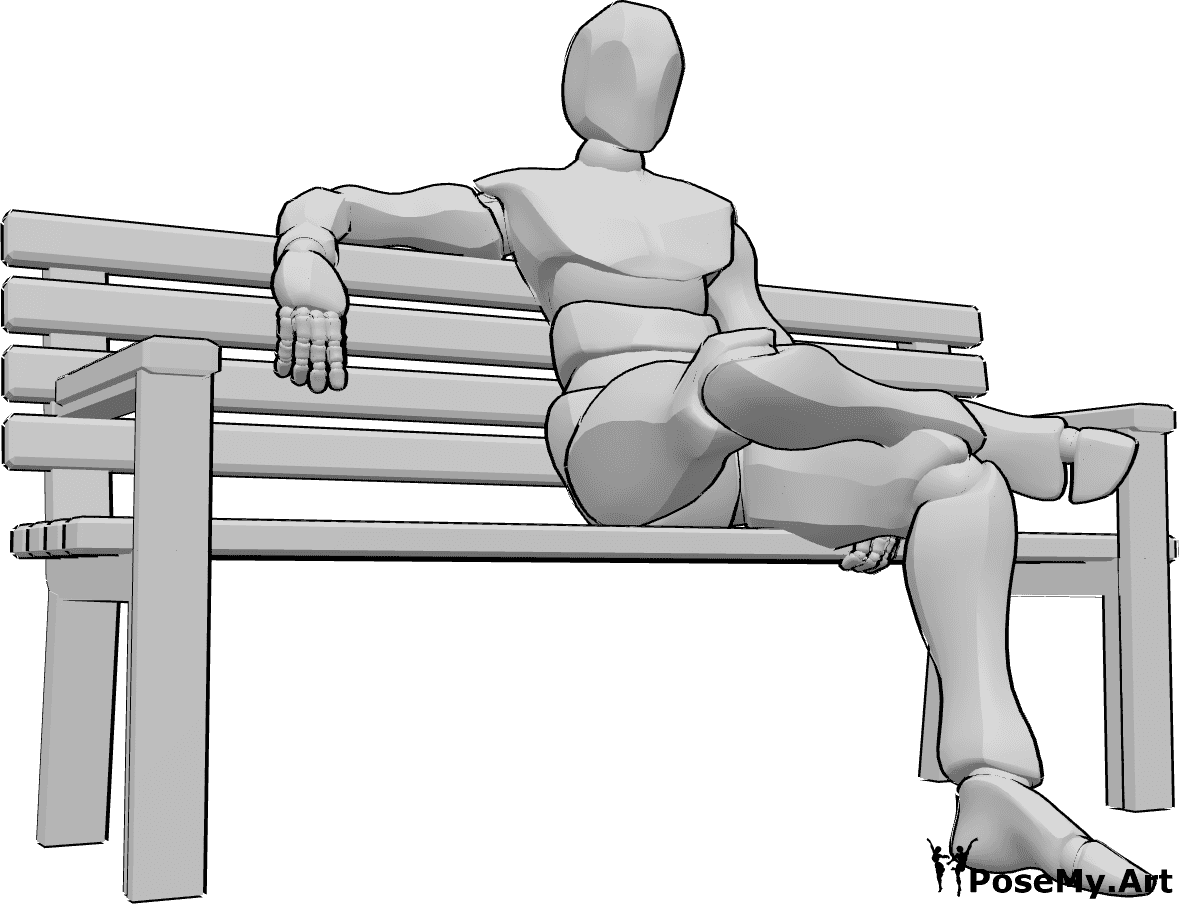 Riferimento alle pose- Posizione seduta su panca - L'uomo è comodamente seduto sulla panchina con le gambe incrociate e lo sguardo rivolto in avanti.