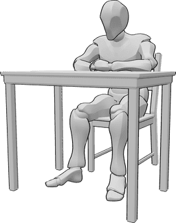 Riferimento alle pose- Posizione seduta sul tavolo - Uomo seduto su una sedia al tavolo, appoggiato al tavolo e con lo sguardo rivolto in avanti