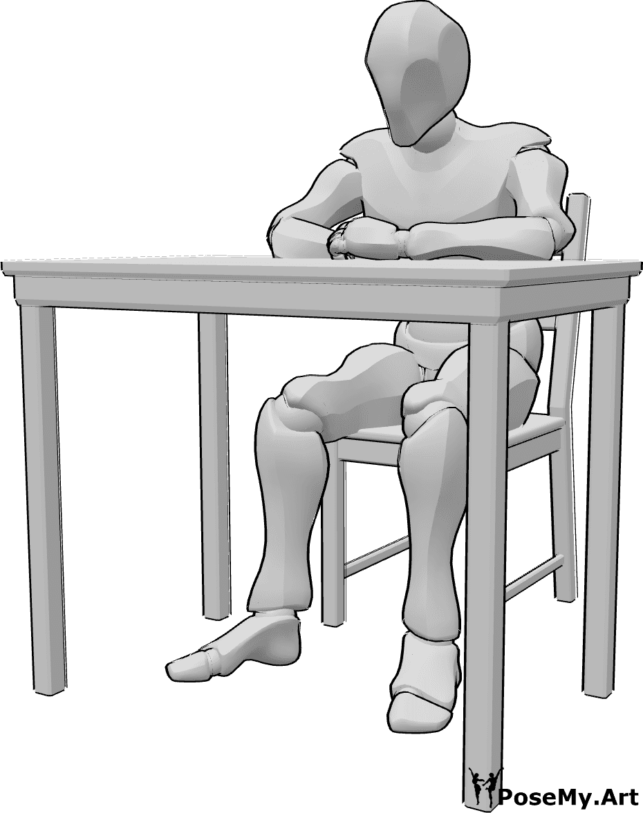 Referencia de poses- Postura sentada en la mesa - Varón sentado en una silla, apoyado en la mesa y mirando hacia delante.