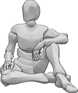Referencia de poses- Postura sentada masculina - Hombre sentado en el suelo, con la mano izquierda en la rodilla y mirando a la derecha.