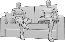 Riferimento alle pose- Maschi in posizione seduta - Due uomini sono seduti sul divano con disinvoltura e guardano avanti.