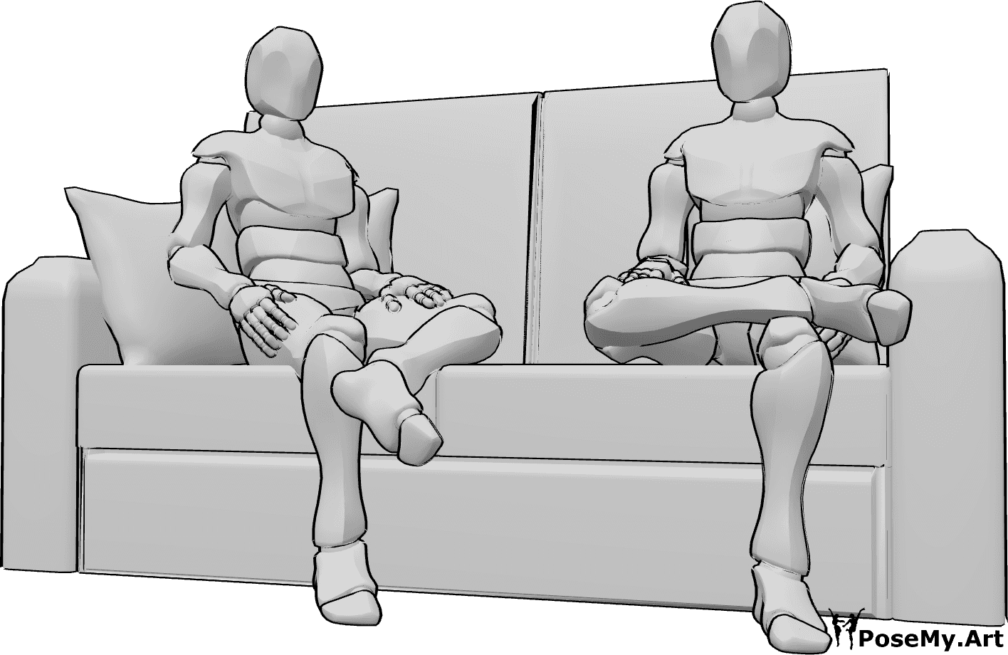Referência de poses- Homens em pose sentada - Dois homens estão sentados no sofá casualmente e olham para a frente