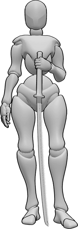 Referencia de poses- Postura de katana de pie - Mujer de pie, tranquila, con una katana en la mano izquierda.