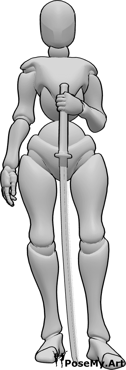 Referencia de poses- Postura de katana de pie - Mujer de pie, tranquila, con una katana en la mano izquierda.