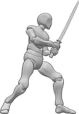 Referencia de poses- Postura con las dos manos - El hombre está de pie y sostiene la katana con ambas manos, listo para luchar.