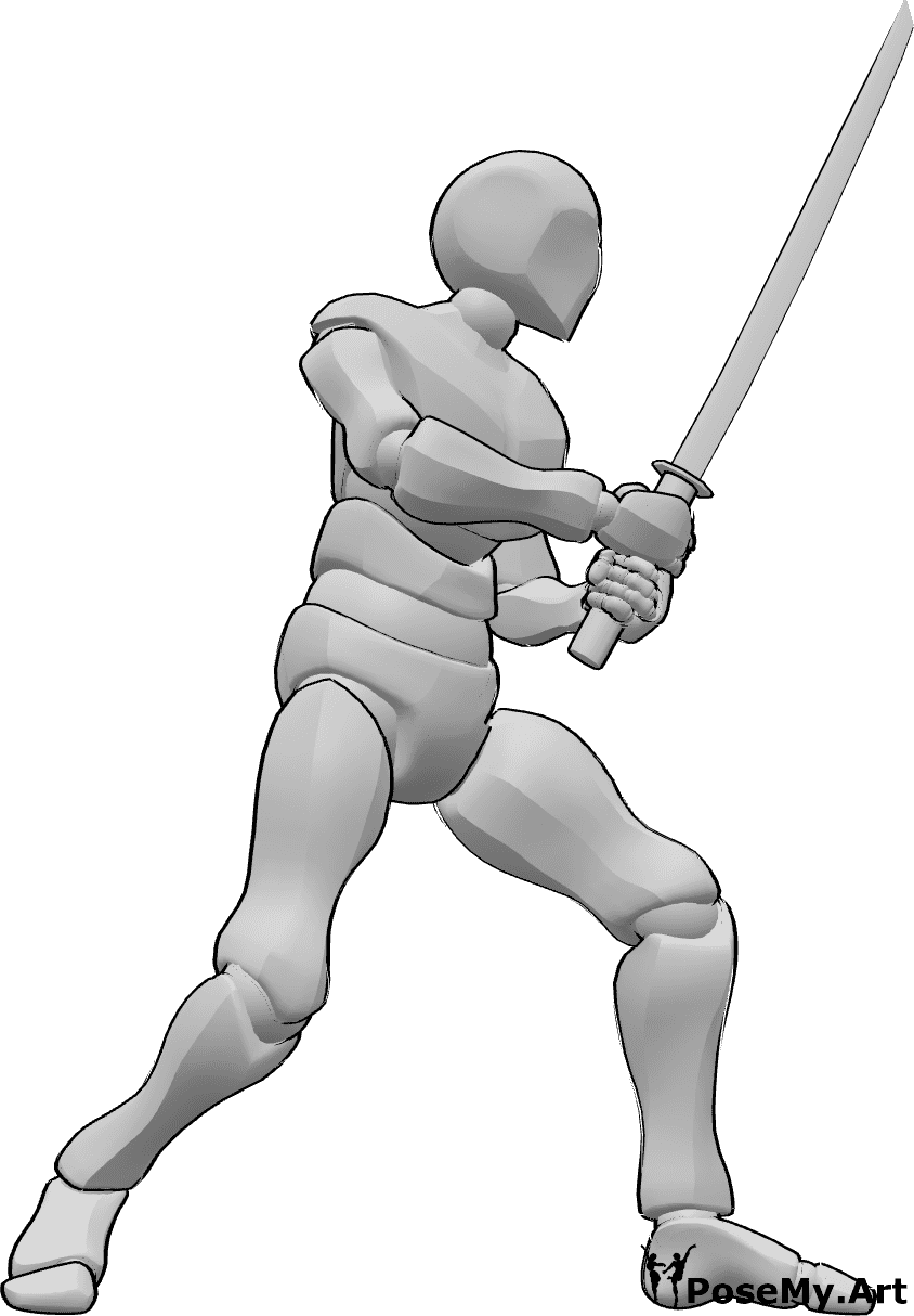 Pose Reference- Holding both hands pose - Male is standing and holding the katana with both hands, ready to fight