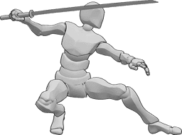 Referência de poses- Postura de agachamento segurando a katana - Homem está agachado e segura uma katana na mão direita