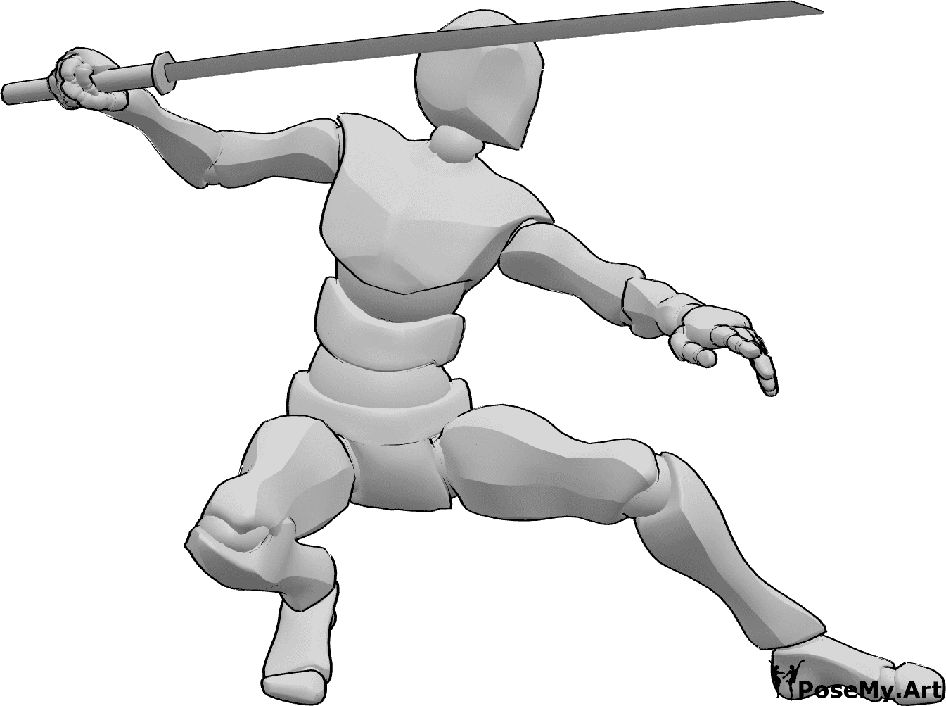 Referencia de poses- Postura de katana agachada - Hombre agachado con una katana en la mano derecha.