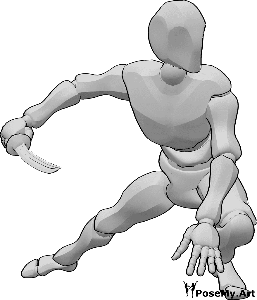 Référence des poses- Atterrissage en tenant la pose du katana - L'homme atterrit, tenant un katana dans sa main droite et en équilibre avec sa main gauche.